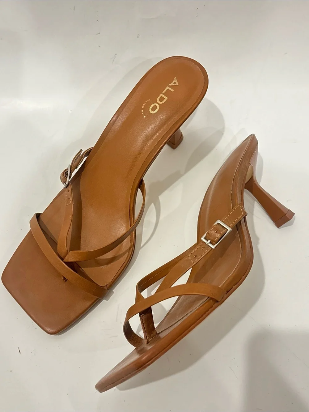 ALDO Tan Leather Strappy Mid-Heel with buckle details Sandals